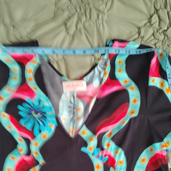 V-Neck Black Mini Dress with Turquoise & Coral Wave Print - Picture 14 of 14